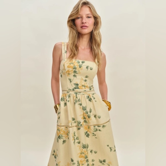 NEW Reformation Everett Linen Midi Dress Radiance Yellow Floral | US 2 UK 6 - Picture 4 of 16